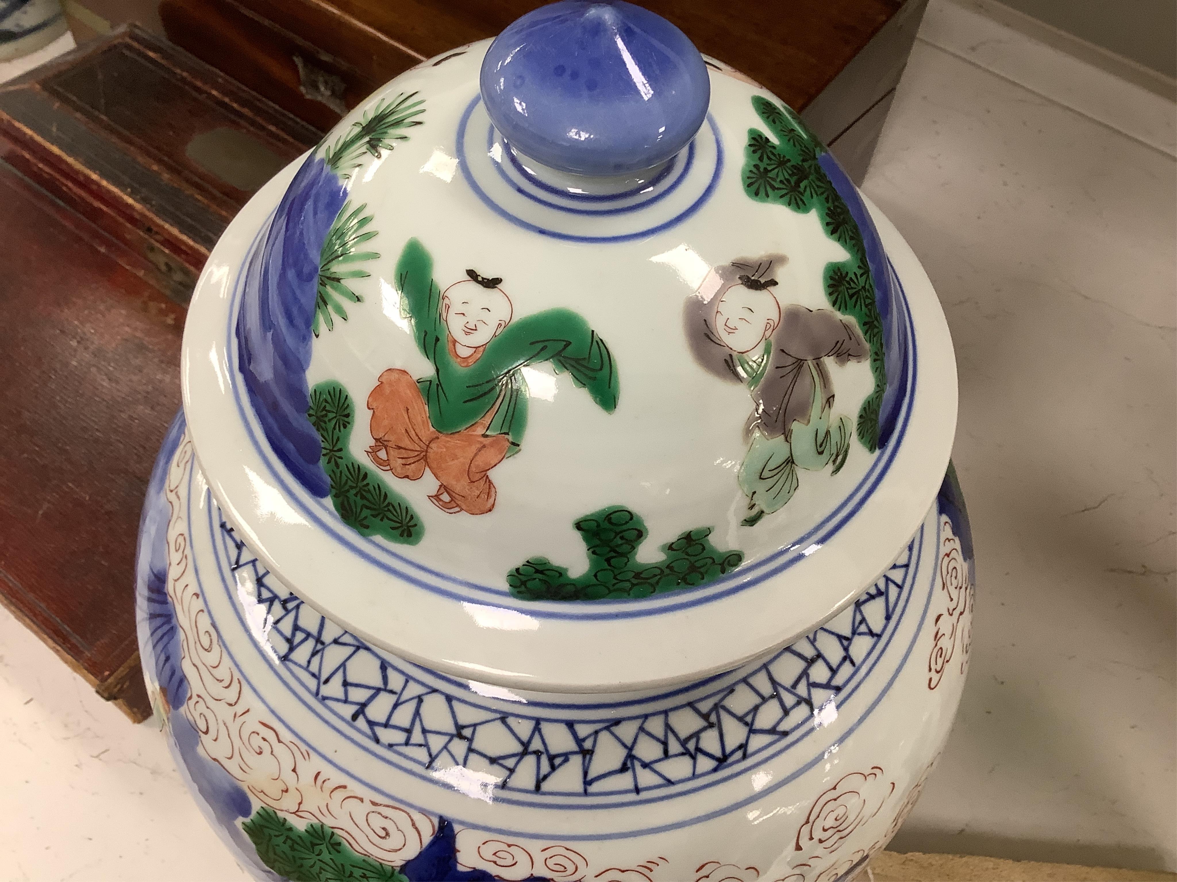 A Chinese famille verte baluster jar and cover, 42cm
